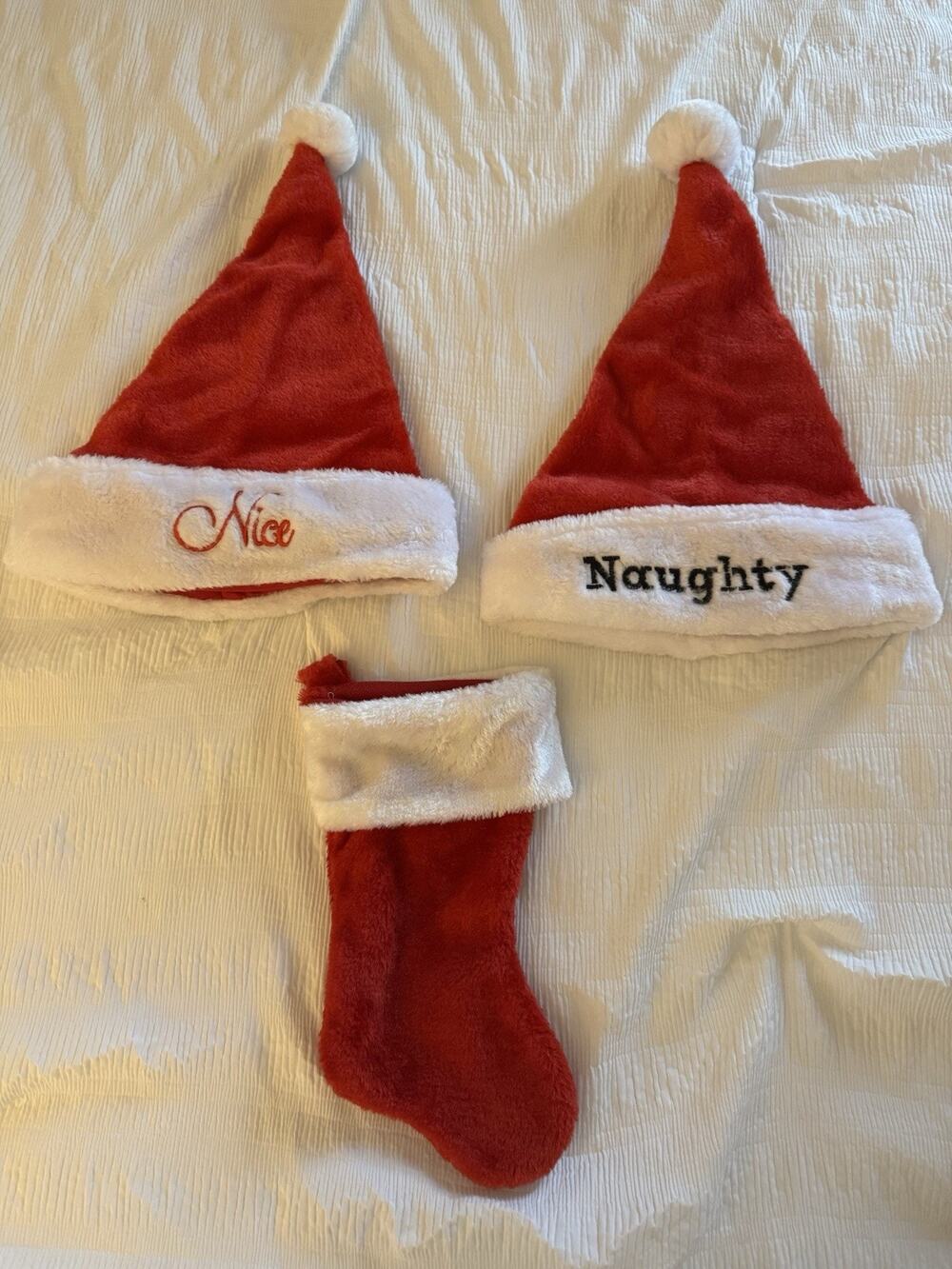 Lot of 2 Christmas Santa Hats Naughty Nice Embroidered Small Stocking Red
